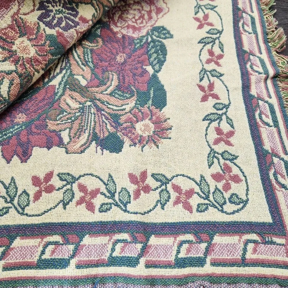 VTG 1992 MWW Floral Reversible Tapestry Blanket 46”x 68” Cottagecore NEW